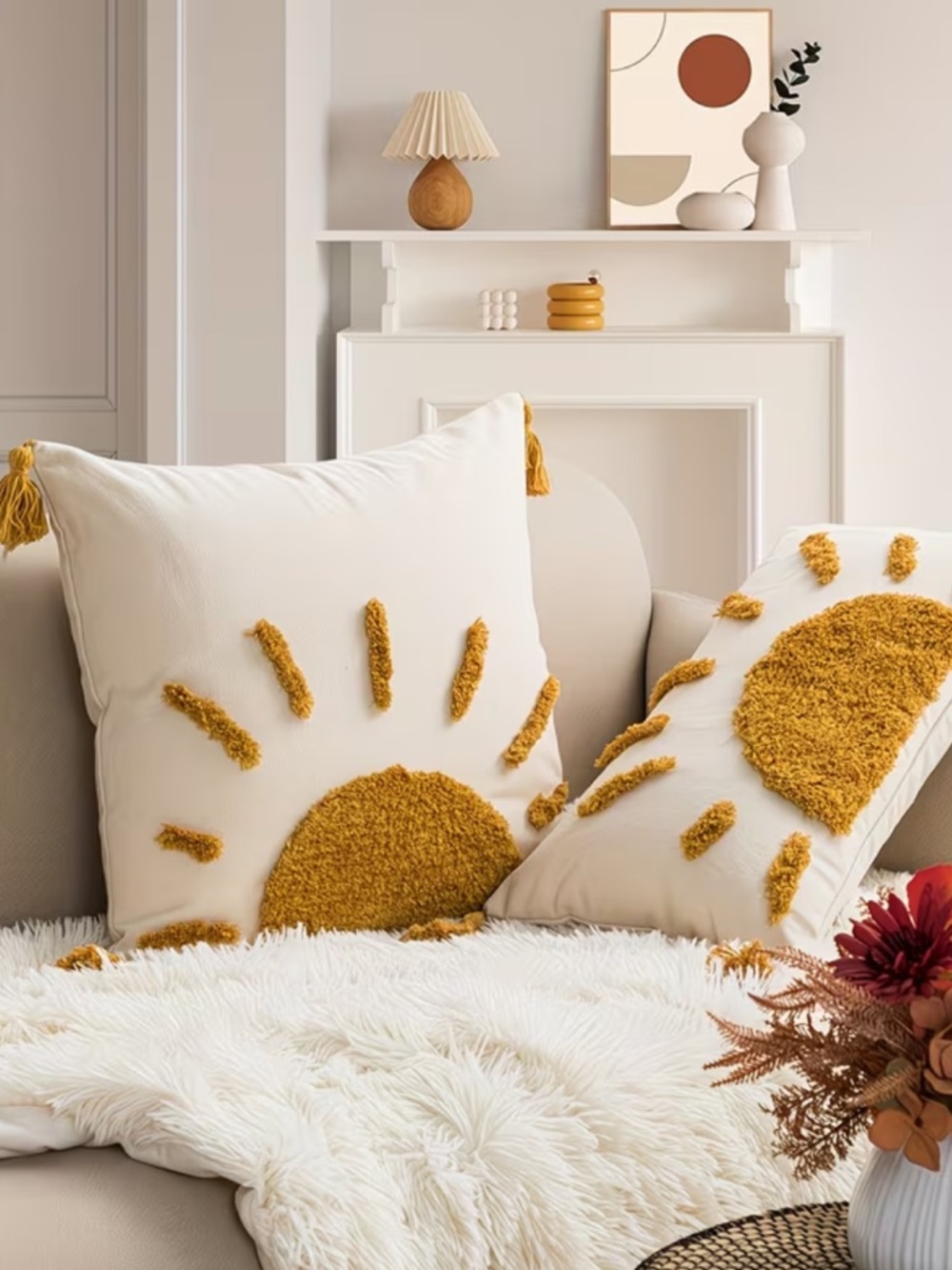 Vibrant Sun Tufted Throw Pillow Covers w/ Tassels Set Cream & Mustard -Sunburst